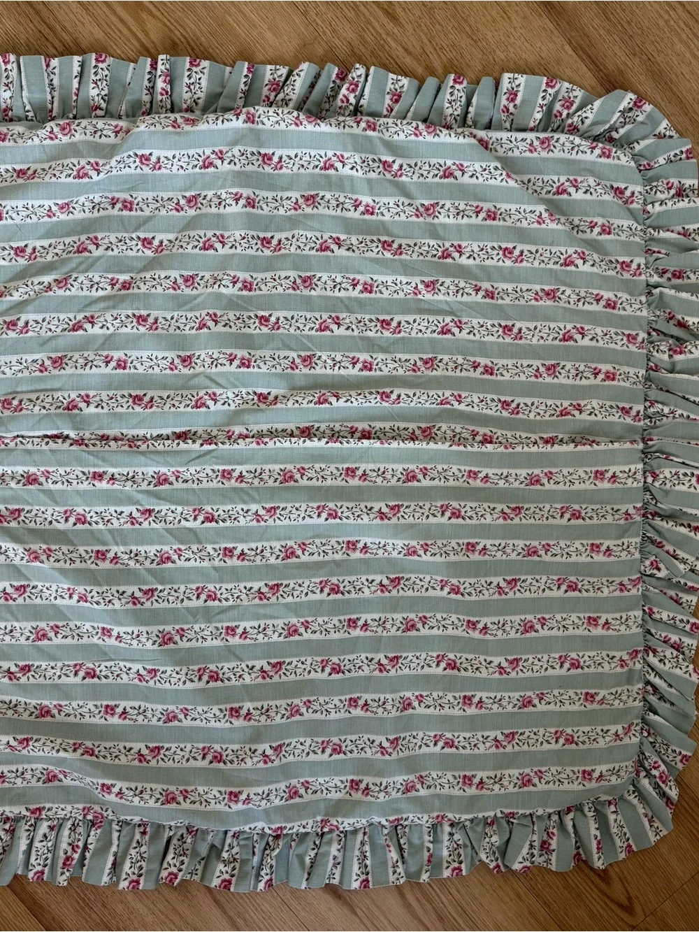 Vintage Laura Ashley Sage Green and Pink Floral Striped Ruffled pillow cover